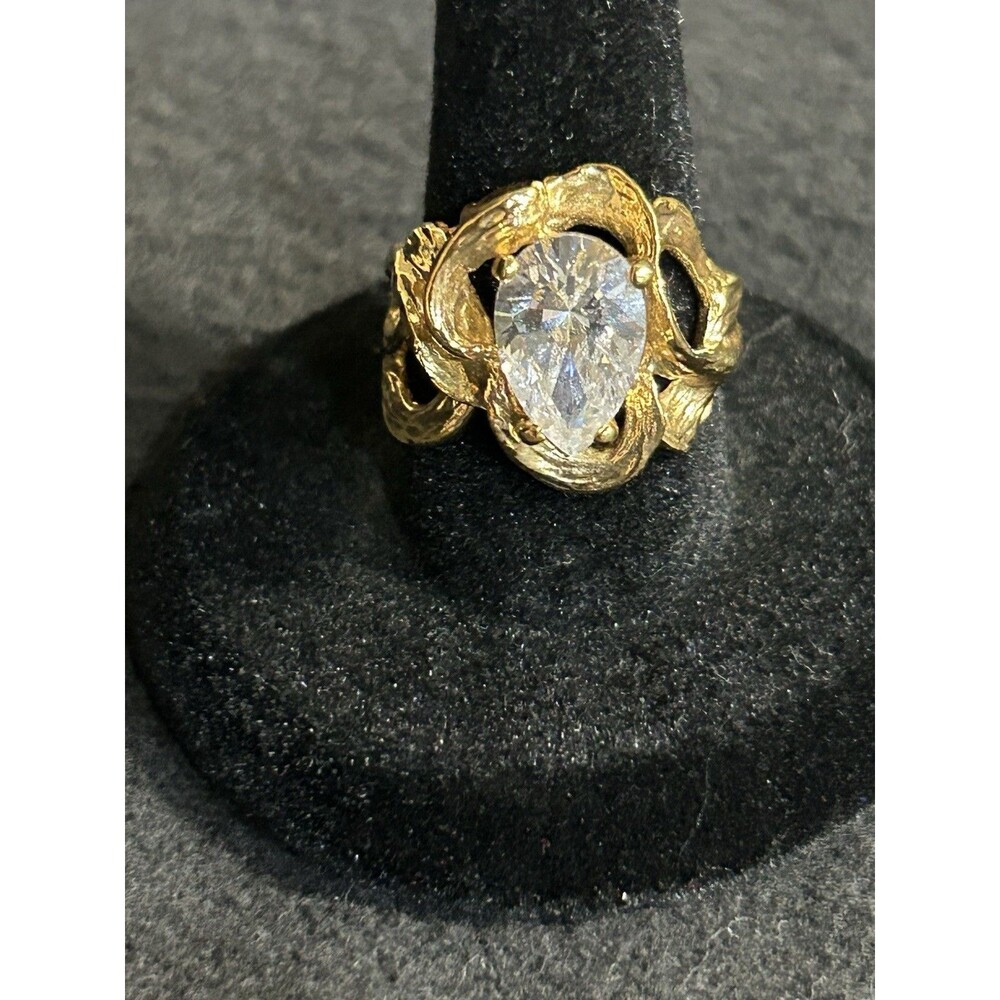 Gold Tone Tree Bark Textured Pear Shaped Large CZ Ring Size 7.5 J344